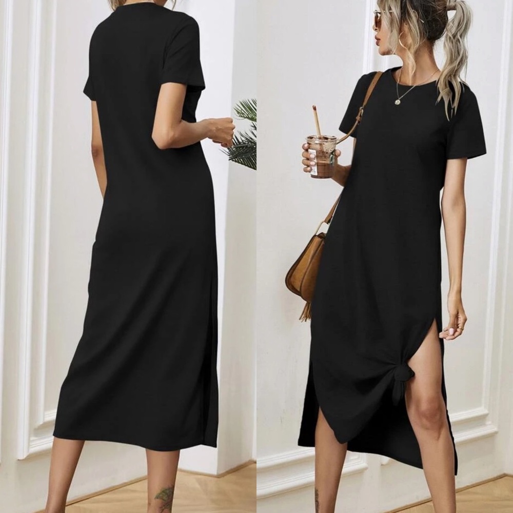 Minimalist midi tee shirt dress slit short sleeve - Picture 6 of 6